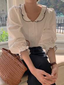 DAZY 女式休闲褶皱荷叶边长袖衬衫，秋季服装 - 白色 - 查看 8