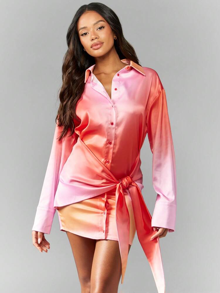 MISSGUIDED Robe chemise mini mignonne en satin dégradé avec détail de nœud