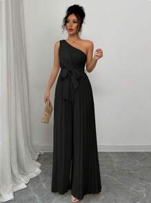 Elenzga Elegant Apricot Ruched Waist & Hem Jumpsuits For Women, Christmas - Black - View 5