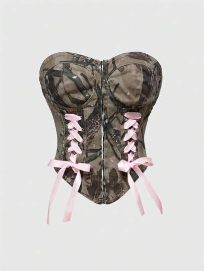 Kawaii Top de tirantes acortado de mezclilla desgastada con estampado de camuflaje sexy para mujer, estilo streetwear Y2K