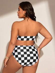 SHEIN Swim Curve 大码女式两件套格子印花时尚休闲度假短款上衣和短裤比基尼套装 - 黑與白 - 查看 2