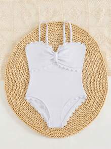 1 pieza Traje de baño de vacaciones de moda con pétalos de flores para niñas, Outfit a juego de una pieza mamá e hija (se venden por separado 3 piezas)