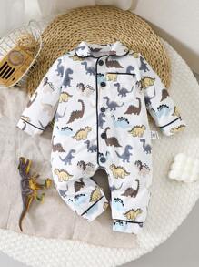 SHEIN Dozemod 儿童新生男婴可爱卡通恐龙印花翻领纽扣前贴袋长袖连体衣