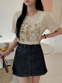 DAZY Women Floral Print Ruffle Hem Short Sleeve T-Shirt, Suitable For Summer,Graphic Tees,Teacher - Khaki - View 5