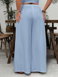 SHEIN VCAY Plus Size White Textured Fabric Loose Casual Wide Leg Pants With Pockets, Suitable For Vacation & Valentine's Day,Summer Pants