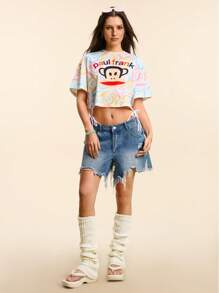 Paul Frank X SHEIN Camiseta de manga corta de cuello redondo con estampado de letras y monos, informal, para el verano