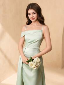 SHEIN 少女优雅薄荷绿缎面细肩带伴娘婚纱，大摆裙公主礼服 - 薄荷綠 - 查看 7