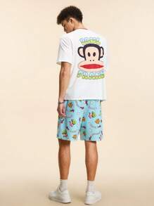 Paul Frank X SHEIN Conjunto de camiseta de manga corta con estampado de dibujos animados y letras, y pantalones cortos para hombre