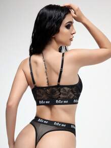 ROMWE Gothic Lace Front Closure Wireless Bra Set For Women - Black - View 3