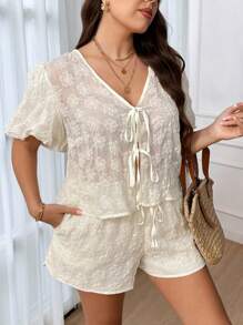 SHEIN Frenchy Plus Size Women Summer Simple Chic Bow Front Co-Ord Set, Apricot Blouse And Shorts - Apricot - View 2