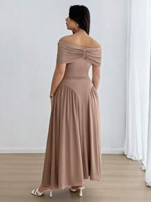 Celure Plus Size Women's Off Shoulder Ruched T-Shirt + A-Line Ruffle Midi Skirt 2 Pieces Set, Spring/Summer - Khaki - View 2