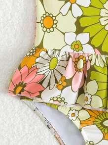 Baby Girl Coconut Tree Print Lovely Vacation Beach One-Piece Swimsuit With Hat - Multicolor - View 7