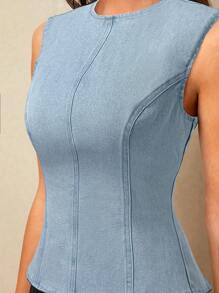 Poéselle Women's Light Wash Denim Top, Sleeveless Round Neck Backless Tie-Back Design, Regular Length Asymmetrical Hem Casual Summer Top