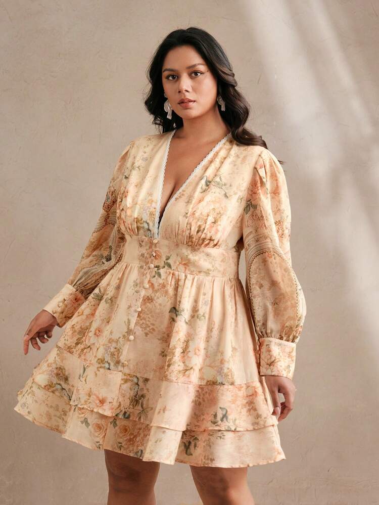 Plus Size Women's Elegant Lantern Sleeve V-Neck Ditsy Floral Waist A-Line Dress, Suitable For Spring, Elegant, Festival, Holiday