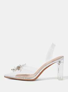 CUCCOO HITCHD Women's Sparkling Crystal Floral Pointy Toe Chunky Heel Elegant Formal Party High Heel Sandals, Transparent PVC Silver Color Wedding Bridal Dress Shoes For Romantic Date, Gala, Wedding - Silver - View 9