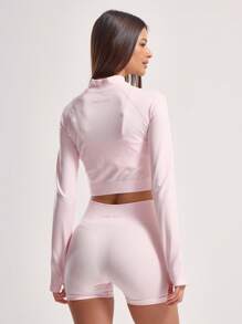 Musera Sport Stitched Cropped Long Sleeve Top Workout Seamless Summer Slim Fit Daily Stretch Gym Gym Fitness - Pink - View 3