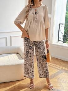 SHEIN 2pcs Maternity Set: 3/4 Sleeve Round Neck Partially Open Collar Tie Bow Ruffle Hem Patterned Long Pants - Apricot - View 4