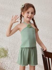 Blossori Young Girls Pastoral Resort 3D Flower Decor Vest & Flower Print Shorts - Green - View 4
