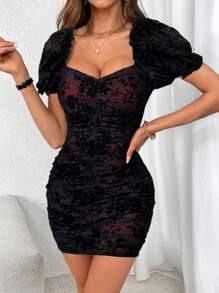 SHEIN Privé 女士优雅花卉植绒网眼紧身迷你连衣裙