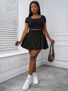 SHEIN PETITE CURVE Plissierte Bubble Rock Einfarbig für Große Größen, Lässig Urlaubsmode