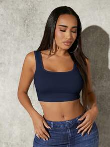 SHEIN SXY Women Square Neck Cropped Slim Fit Casual Tank Top Royal Blue Navy Blue Croptop - Navy Blue - View 5
