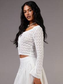 Athîral Women's Solid Color Hollow-Out Laced Design Long Sleeve Cropped Knit Top - White - View 5