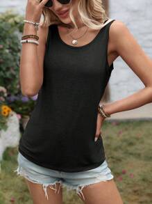 Chiquease 女士时尚露背无袖黑色背心，休闲大号 U 领背心 - 黑色 - 查看 5