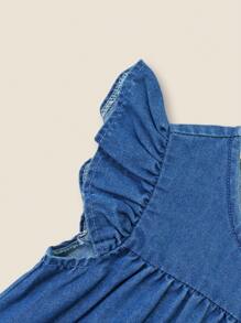 Ruffle Sleeve Round Neck Sweet Bow Decor Young Girls Denim Dress, Summer Fashionable Toddler Clothes 4t Toddler Girl Clothes 6t Toddler Girl Wedding Dress Toddler Girl 5t Toddler Girl Tops - Dark Wash - View 6