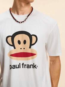 Paul Frank X SHEIN 男士卡通猴子印花圆领短袖T恤，适合夏季 - 白色 - 查看 1