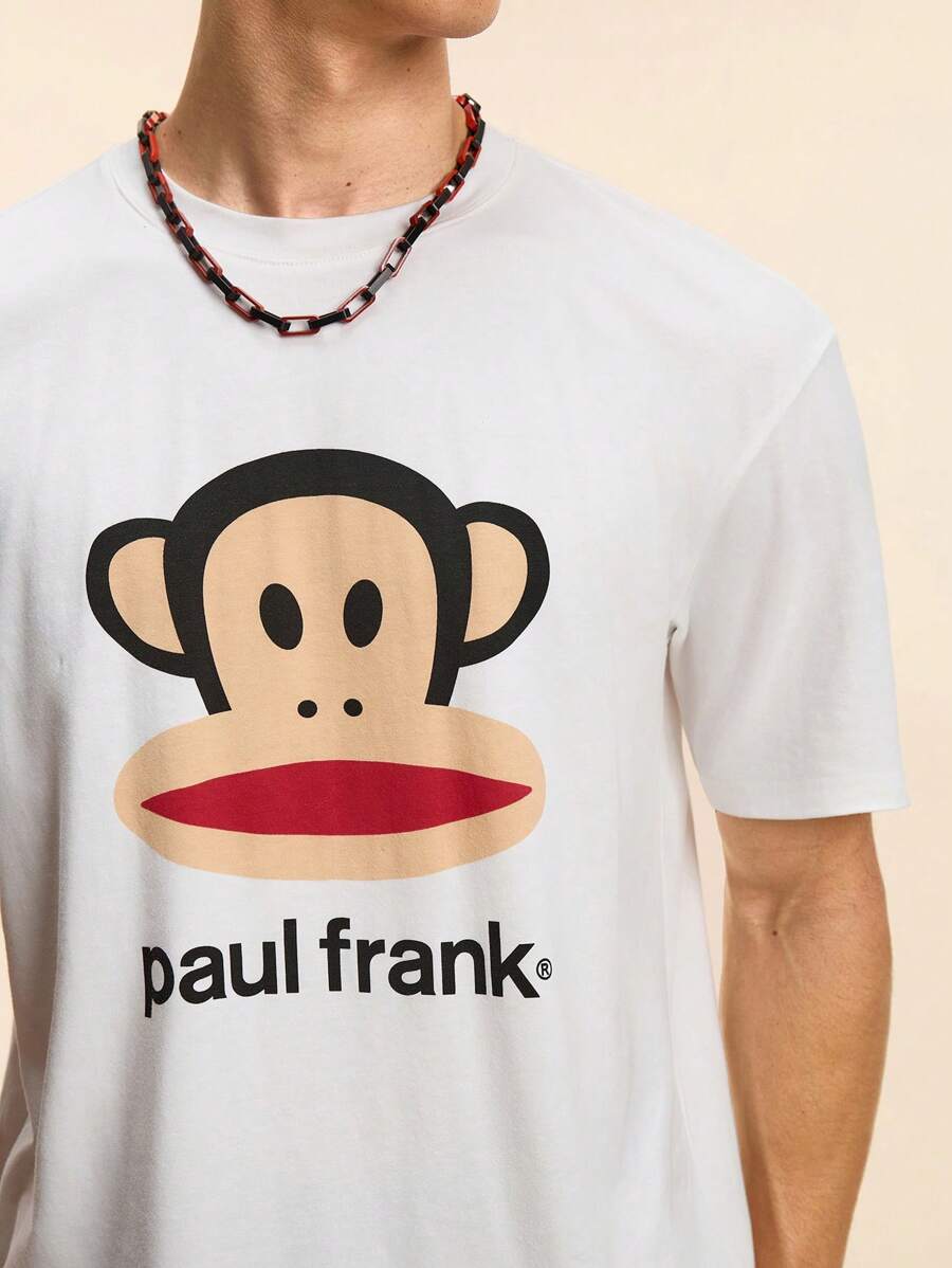 Paul Frank X SHEIN 男士卡通猴子印花圆领短袖T恤，适合夏季 - 白色 - 查看 1