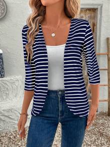EMERY ROSE Women's Striped 3/4 Sleeve Open Front Casual Versatile Jacket In Fall/Winter - Blue and White - View 4