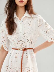GENKIRA French Summer New Embroidered Trim Short Sleeve Dress - White - View 4