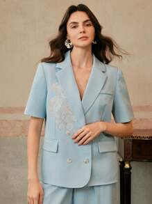 Anewsta Elegant, Floral Embroidery Short Sleeve Women Blazer - Spring, Summer, Business Casual, Classic - Blue - View 6