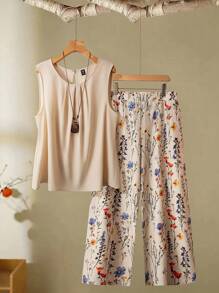 Linhara Outfit casuale da vacanza, taglia grande, top in tessuto con collo rotondo, stampa floreale ditsy su sfondo tinta unita, adatto per spiaggia e tempo soleggiato, set da 2 pezzi