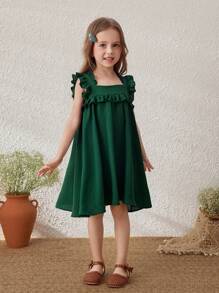 Blossori Vestido sin mangas con volantes y ribete verde para niñas en vacaciones en el campo