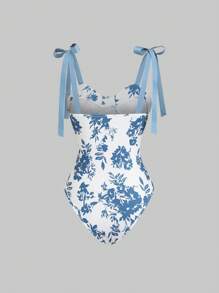 Sweetra Women's Spring/Summer Chinese Style Ceramic Print White Wrap Bodysuit