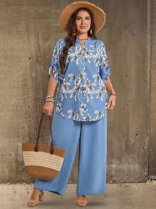 EMERY ROSE Plus Size Simple Long Sleeve Top And Long Pants 2pcs/Set ,Country Casual Vacation Outfits Woman,Simple And Fashionable For Everyday Wear,Summer Tops Women,Summer Outfits For Women - Baby Blue - View 4