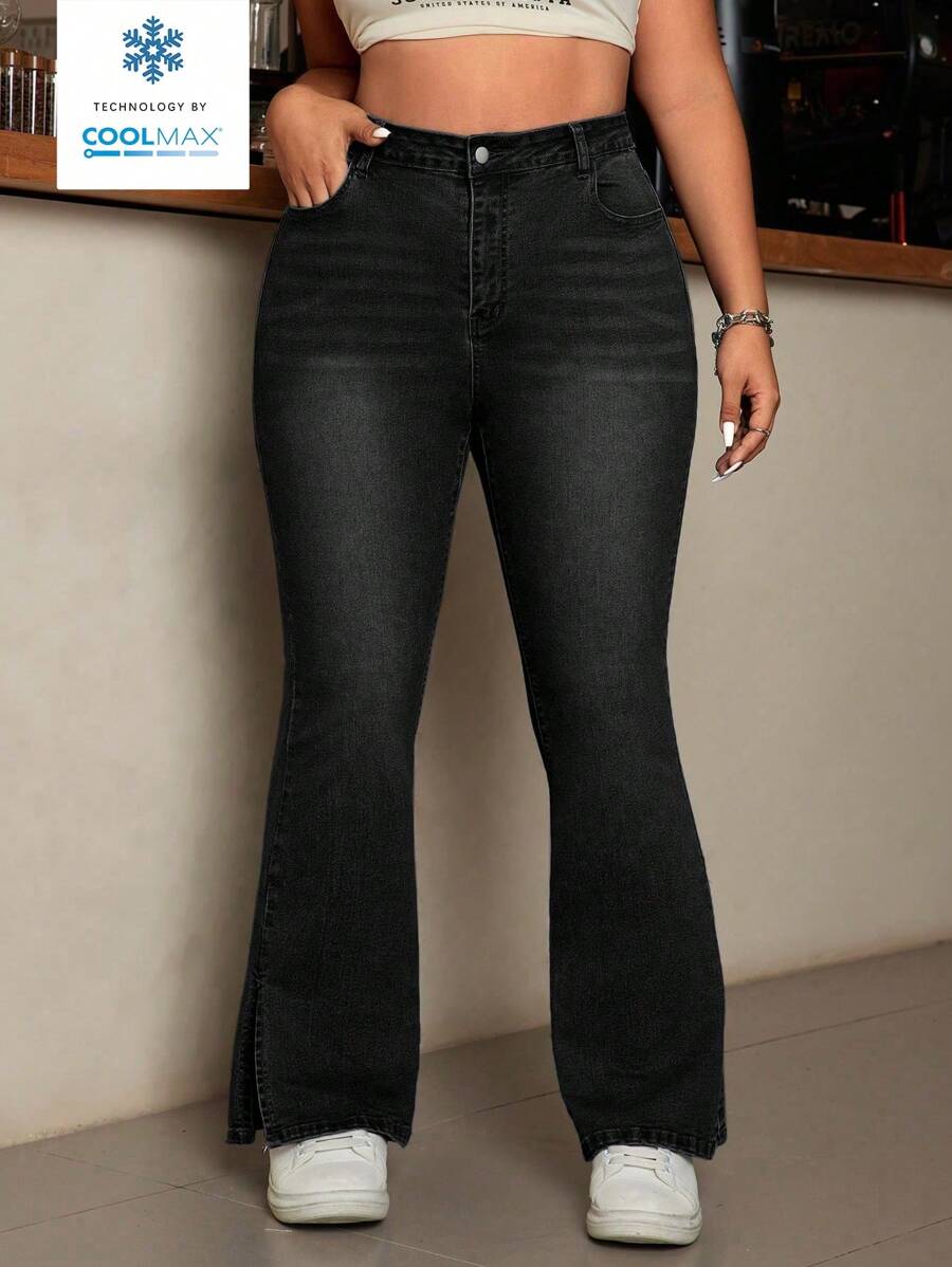 SHEIN EZwear Women Plus Size Pocket Design Flared Casual Versatile Denim Jeans