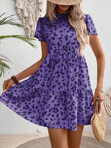 Breezaya Damen Leoparden Muster Volant Saum Urlaubs-/Lässig Kleid Urlaubs-Strandoutfit