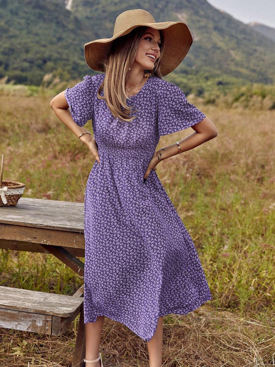 SHEIN Clasi Women's Holiday Printed Ruffle Short Sleeve Long Elegant Dress Maxi Women Outfit - Purple - View 1