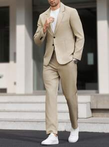Manfinity Mode Plus Size Men Business Suit Set - Long Sleeve Blazer And Pocket Formal Trousers