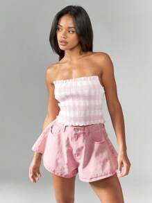 MISSGUIDED Shirred Bandeau Crop Top Smocked Summer Festival Stretch Strapless Beach Casual Vacation Resort Party Club Everyday Essential - Multicolor - View 3