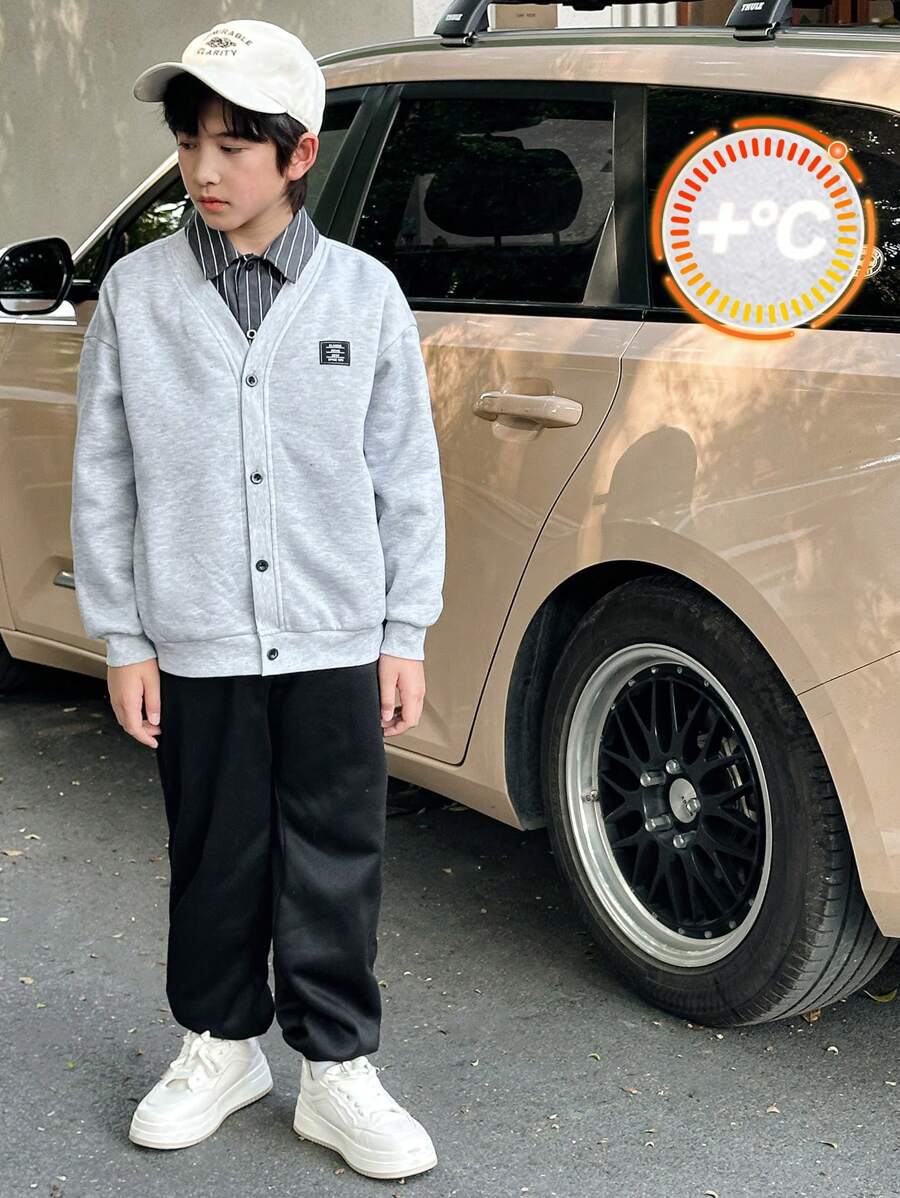 3 件套青少年男孩休闲学院风韩版超大条纹衬衫、连帽衫、抽绳运动裤套装，适合通勤、上学、日常、运动，加绒加厚，秋冬 - 灰色 - 查看 1