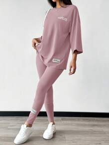 Mulvari Women's Casual Two-Piece Outfit: Knitted Pink Long Sleeve Top And Legging Set With Marvelous Graphic Print - Pink - View 7