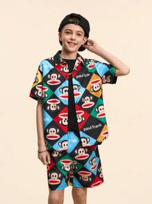 Paul Frank X SHEIN 2pcs/Set Tween Boy Colorful Monkey Print Summer Short Sleeve Shirt And Shorts - Multicolor - View 3