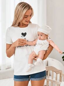SHEIN Newborn Baby Girls Cute White Elastic Letter Print Knitted Bodysuit, Summer - White - View 5