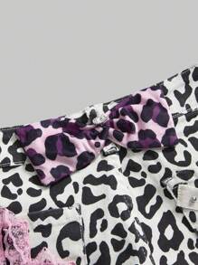 ROMWE J-Fashion Y2K Harajuku Himekaji Gyaru 豹纹印花蕾丝拼接链条女式低腰牛仔短裤