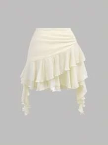 SHEIN Girlism Teen Girls Low Waist Ruched Ruffle Trim Elegant Mini Skirt With Multi-Layer Chiffon Texture Fabric White Halter Neck Ruffle Hem Dress, Elegant, Bridesmaids Dress, Suitable For Parties, Weddings, Garden Events, Back To School Season