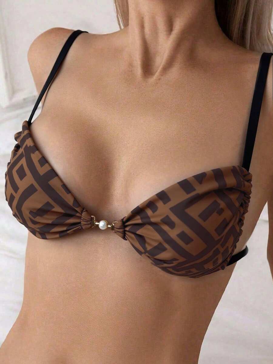 Graphic Print Spaghetti Strap Swimwear Top, Fashionable For Summer - Multicolor - View 1