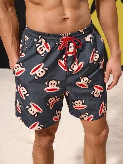 Paul Frank X SHEIN 男士猴子印花抽绳腰沙滩短裤，夏季，夏威夷风